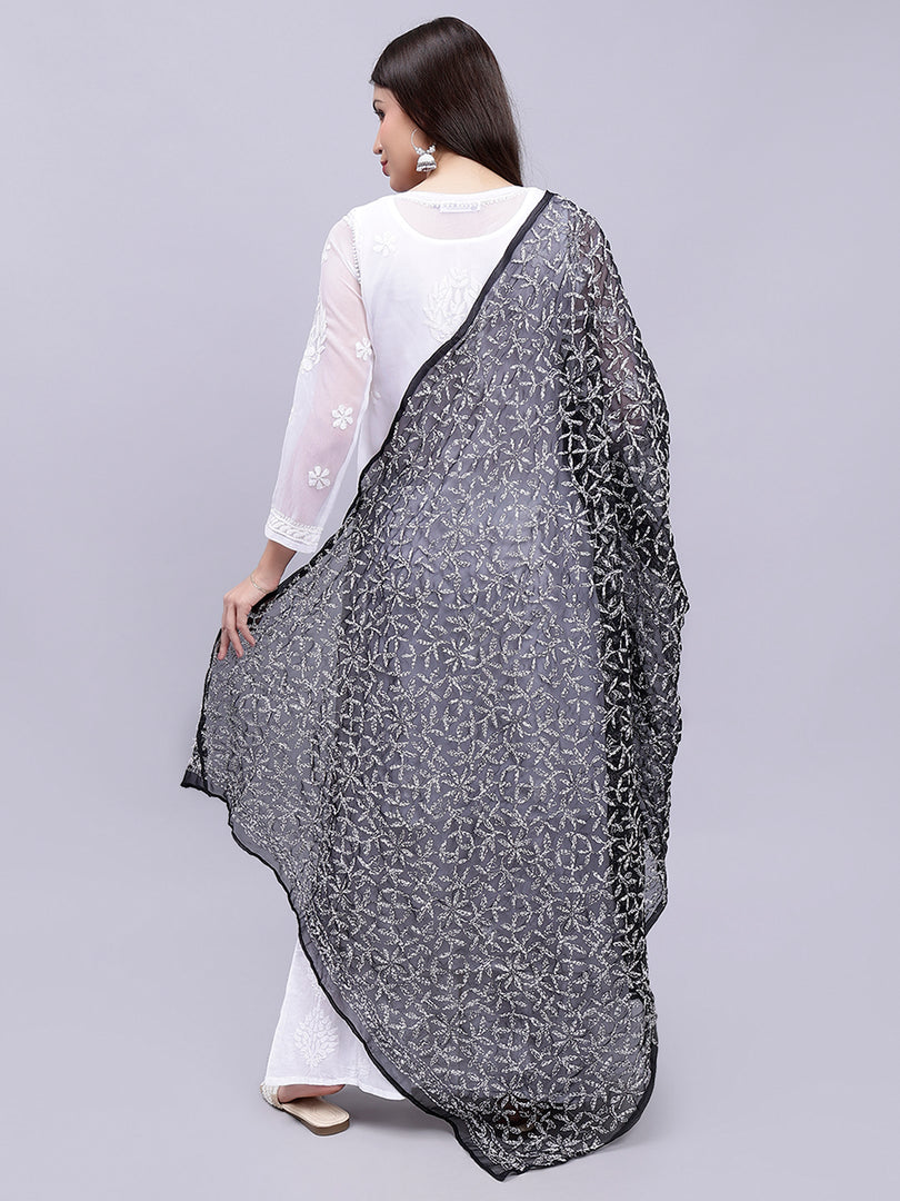 Seva Chikan Hand Embroidered Lucknowi Chikankari Black Georgette Tepchi Work Dupatta-SCL12019