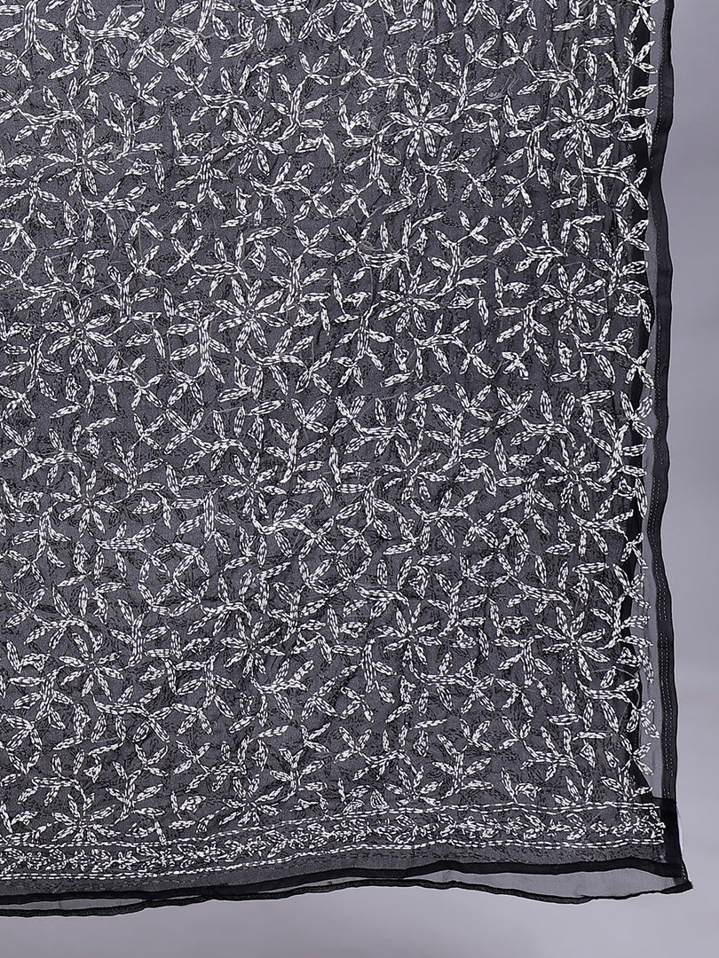 Seva Chikan Hand Embroidered Lucknowi Chikankari Black Georgette Tepchi Work Dupatta-SCL12019