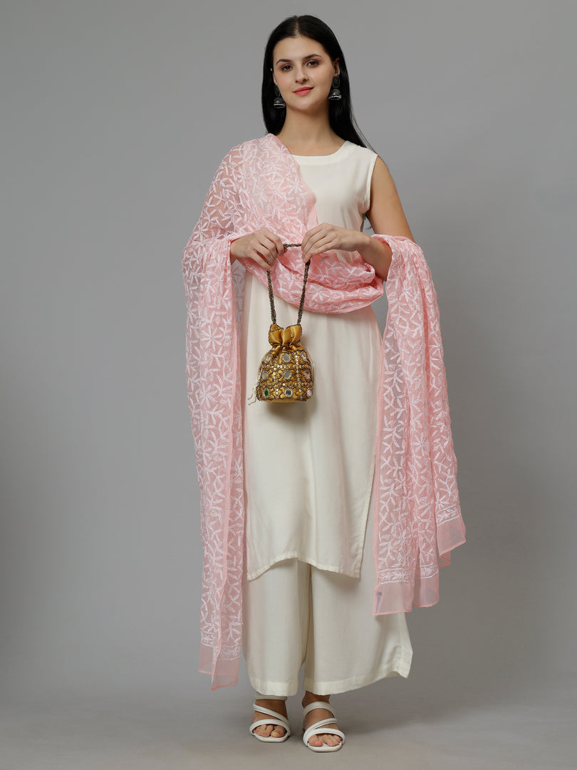 Seva Chikan Hand Embroidered Lucknowi Chikankari Georgette Tepchi Work Dupatta