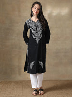 Load image into Gallery viewer, Seva Chikan Hand Embroidered Black Cotton Lucknowi Chikan Kurti-SCL4061