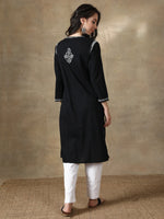 Load image into Gallery viewer, Seva Chikan Hand Embroidered Black Cotton Lucknowi Chikan Kurti-SCL4061