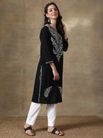 Load image into Gallery viewer, Seva Chikan Hand Embroidered Black Cotton Lucknowi Chikan Kurti-SCL4061