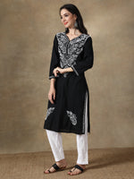 Load image into Gallery viewer, Seva Chikan Hand Embroidered Black Cotton Lucknowi Chikan Kurti-SCL4061