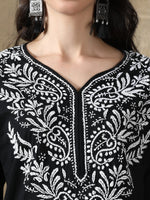 Load image into Gallery viewer, Seva Chikan Hand Embroidered Black Cotton Lucknowi Chikan Kurti-SCL4061