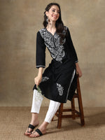 Load image into Gallery viewer, Seva Chikan Hand Embroidered Black Cotton Lucknowi Chikan Kurti-SCL4061