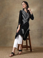 Load image into Gallery viewer, Seva Chikan Hand Embroidered Black Cotton Lucknowi Chikan Kurti-SCL4061