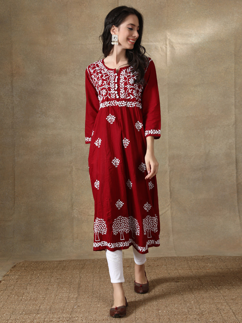 Seva Chikan Hand Embroidered Cotton Lucknowi Chikankari A-Line Kurta