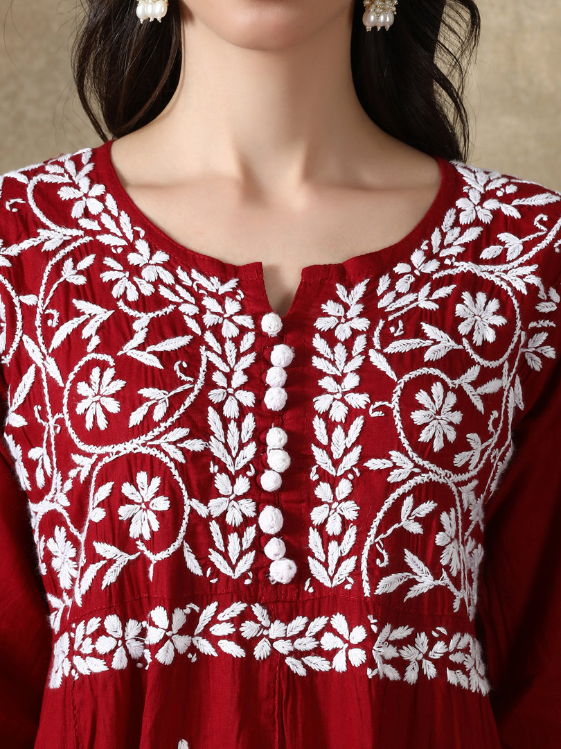 Seva Chikan Hand Embroidered Cotton Lucknowi Chikankari A-Line Kurta