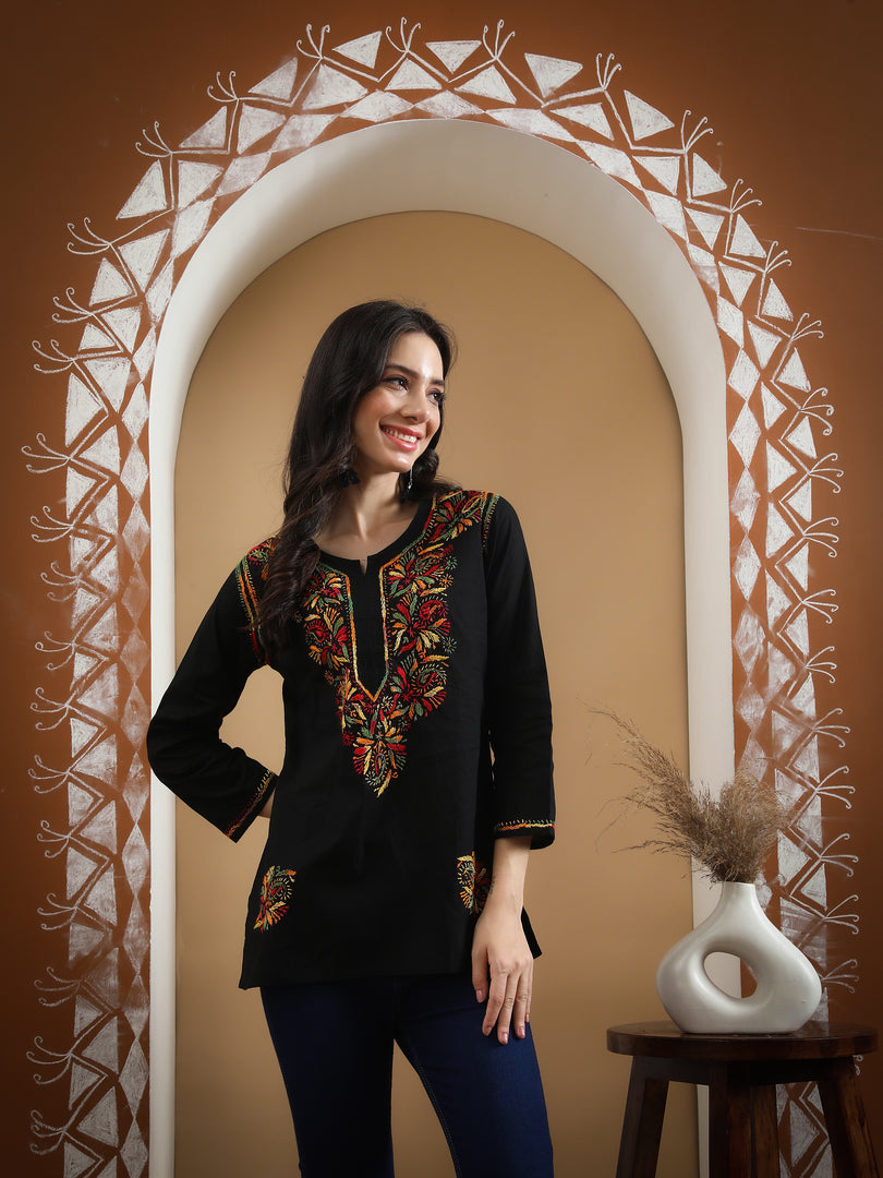 Seva Chikan Hand Embroidered Cotton Lucknowi Chikan Short Top
