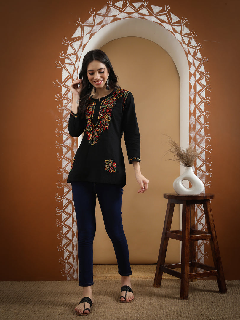 Seva Chikan Hand Embroidered Cotton Lucknowi Chikan Short Top