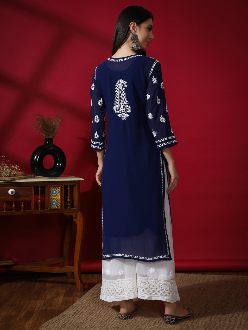 Seva Chikan Hand Embroidered Georgette Lucknowi Chikan Kurti With Slip