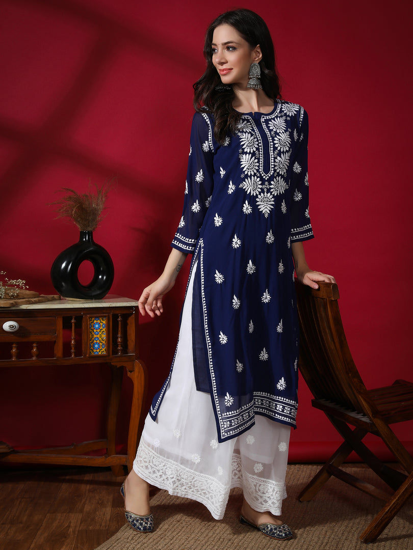 Seva Chikan Hand Embroidered Georgette Lucknowi Chikan Kurti With Slip