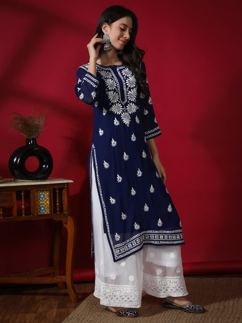 Seva Chikan Hand Embroidered Georgette Lucknowi Chikan Kurti With Slip