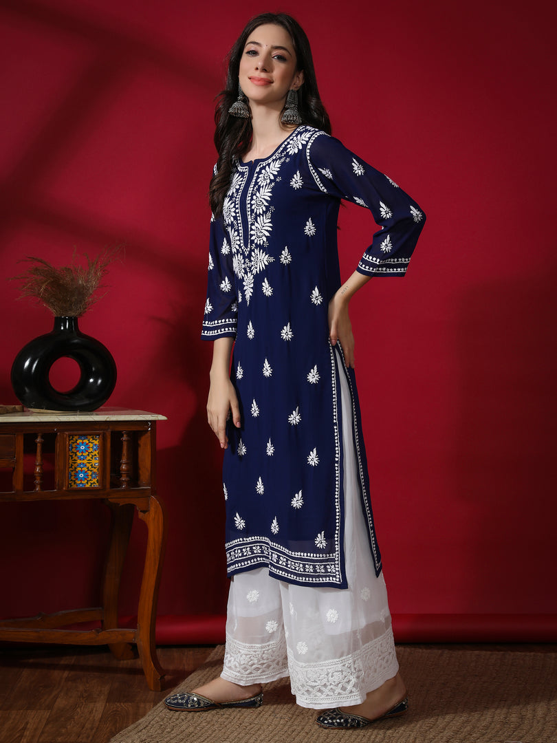 Seva Chikan Hand Embroidered Georgette Lucknowi Chikan Kurti With Slip