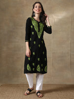 Load image into Gallery viewer, Seva Chikan Hand Embroidered Black Cotton Chikankari Kurta