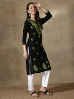 Load image into Gallery viewer, Seva Chikan Hand Embroidered Black Cotton Chikankari Kurta