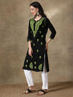 Load image into Gallery viewer, Seva Chikan Hand Embroidered Black Cotton Chikankari Kurta