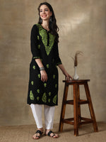 Load image into Gallery viewer, Seva Chikan Hand Embroidered Black Cotton Chikankari Kurta