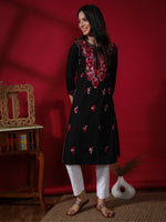 Load image into Gallery viewer, Seva Chikan Hand Embroidered Black Cotton Lucknowi Chikankari Kurta
