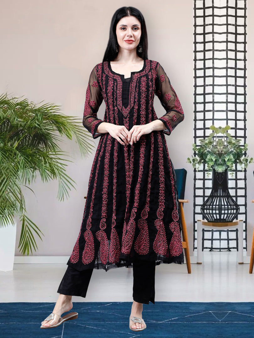 Seva Chikan Hand Embroidered Black Georgette Lucknowi Chikankari Anarkali Kurta-SCL4290