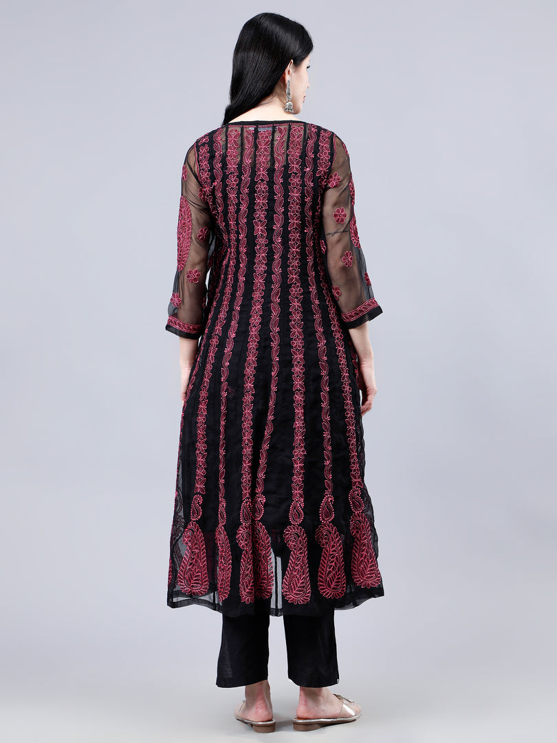 Seva Chikan Hand Embroidered Black Georgette Lucknowi Chikankari Anarkali Kurta-SCL4290