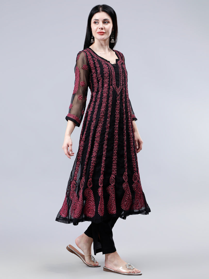 Seva Chikan Hand Embroidered Black Georgette Lucknowi Chikankari Anarkali Kurta-SCL4290