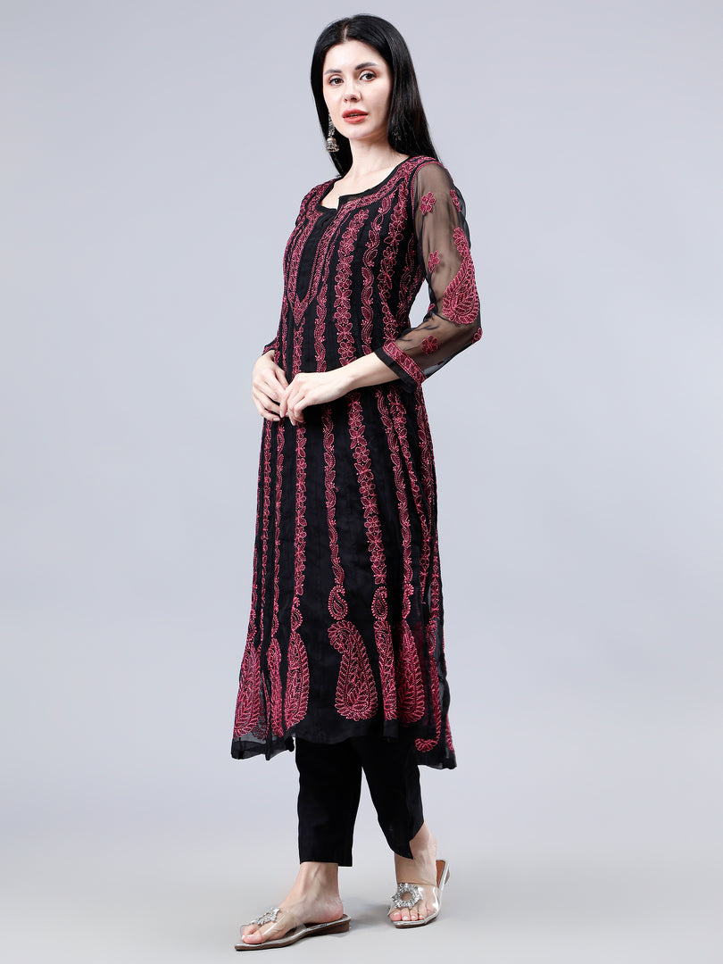 Seva Chikan Hand Embroidered Black Georgette Lucknowi Chikankari Anarkali Kurta-SCL4290