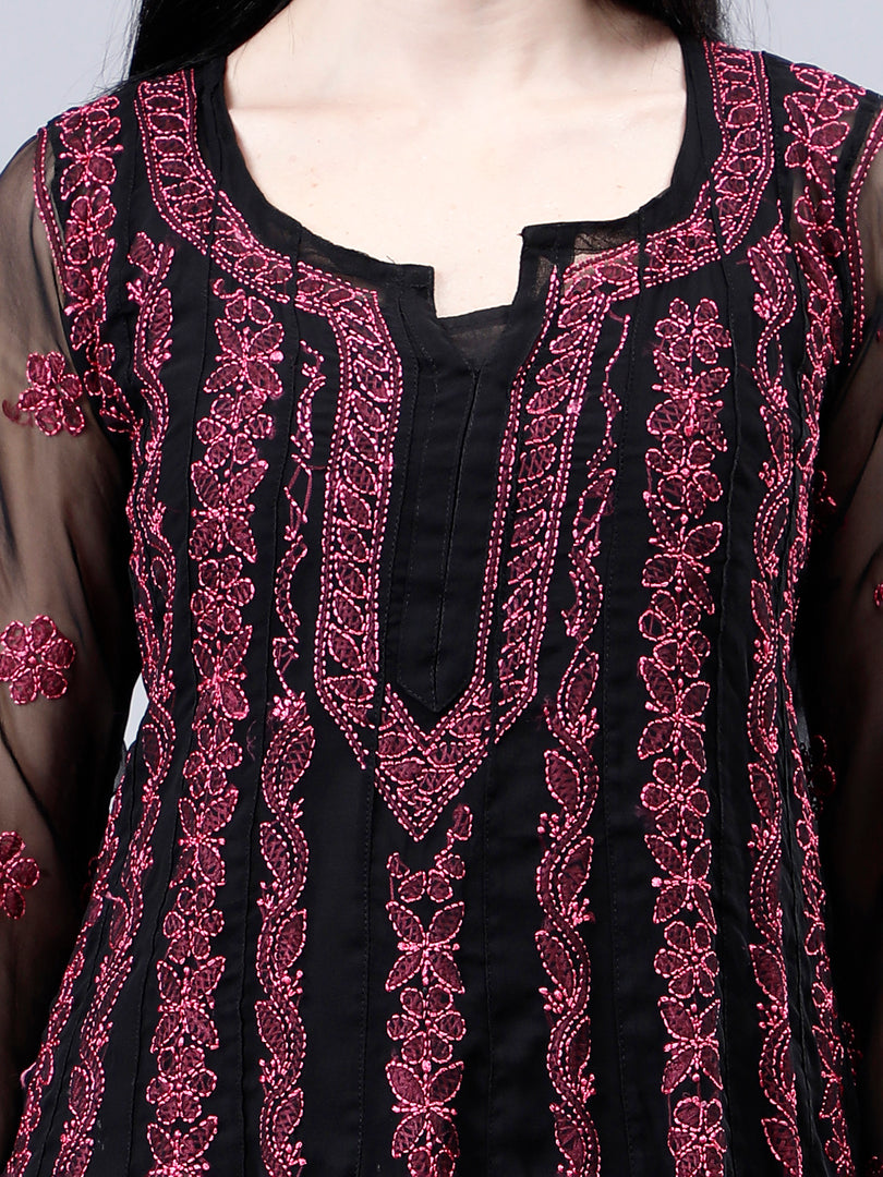 Seva Chikan Hand Embroidered Black Georgette Lucknowi Chikankari Anarkali Kurta-SCL4290
