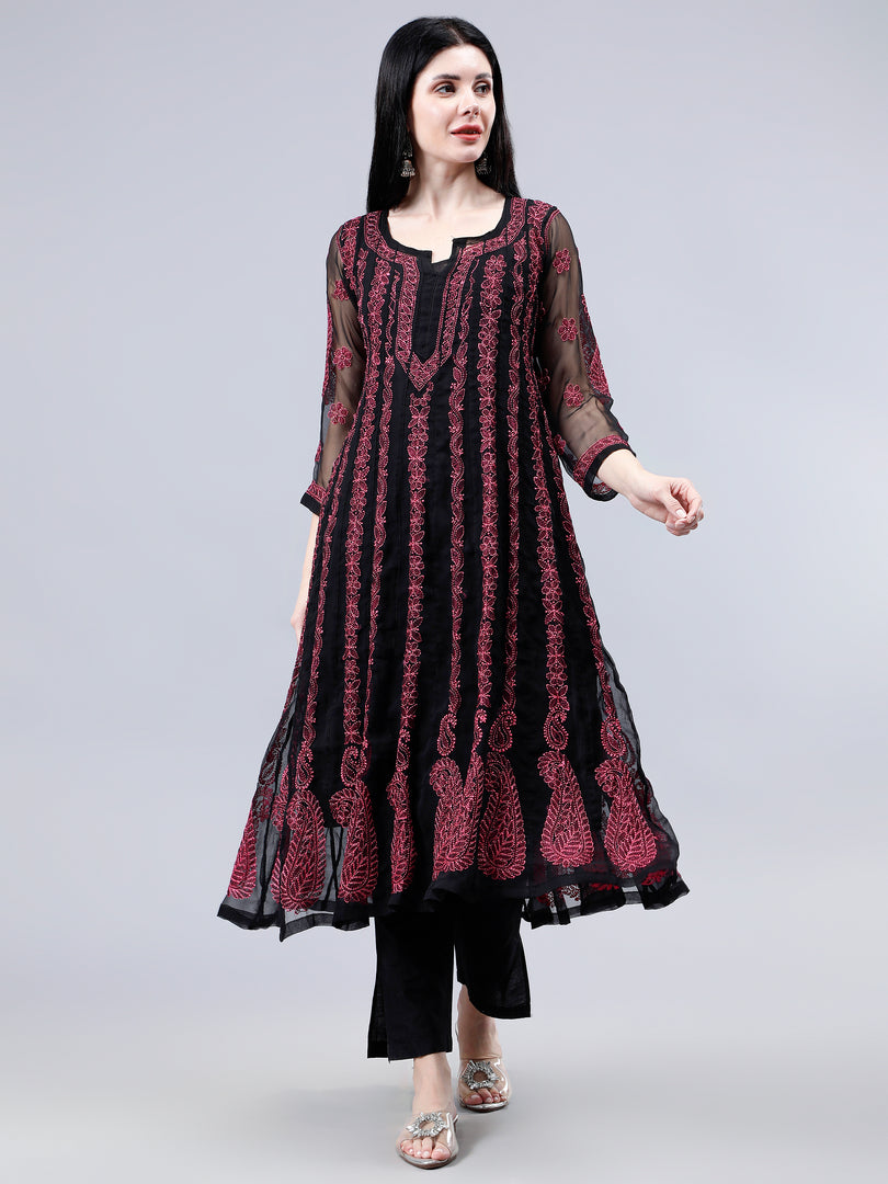 Seva Chikan Hand Embroidered Black Georgette Lucknowi Chikankari Anarkali Kurta-SCL4290