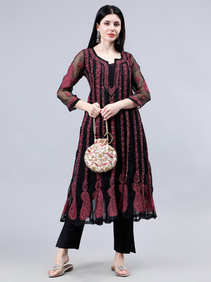 Seva Chikan Hand Embroidered Black Georgette Lucknowi Chikankari Anarkali Kurta-SCL4290