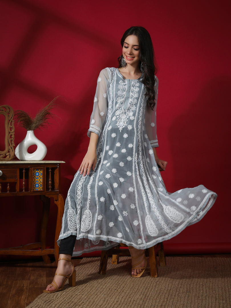 Seva Chikan Hand Embroidered Georgette Lucknowi Chikankari Anarkali Kurta