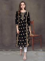 Load image into Gallery viewer, Seva Chikan Hand Embroidered Black Cotton Lucknowi Chikankari Kurta