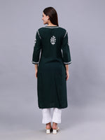 Load image into Gallery viewer, Seva Chikan Hand Embroidered Dark Green Rayon Lucknowi Chikankari Kurta-SCL4370