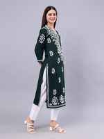 Load image into Gallery viewer, Seva Chikan Hand Embroidered Dark Green Rayon Lucknowi Chikankari Kurta-SCL4370