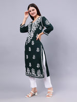 Load image into Gallery viewer, Seva Chikan Hand Embroidered Dark Green Rayon Lucknowi Chikankari Kurta-SCL4370