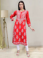 Load image into Gallery viewer, Seva Chikan Hand Embroidered Lucknowi Chikankari Red Cotton Kurta SCL4389