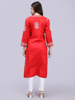 Load image into Gallery viewer, Seva Chikan Hand Embroidered Lucknowi Chikankari Red Cotton Kurta SCL4389