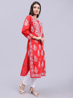 Load image into Gallery viewer, Seva Chikan Hand Embroidered Lucknowi Chikankari Red Cotton Kurta SCL4389