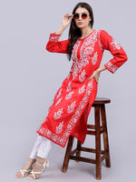 Load image into Gallery viewer, Seva Chikan Hand Embroidered Lucknowi Chikankari Red Cotton Kurta SCL4389