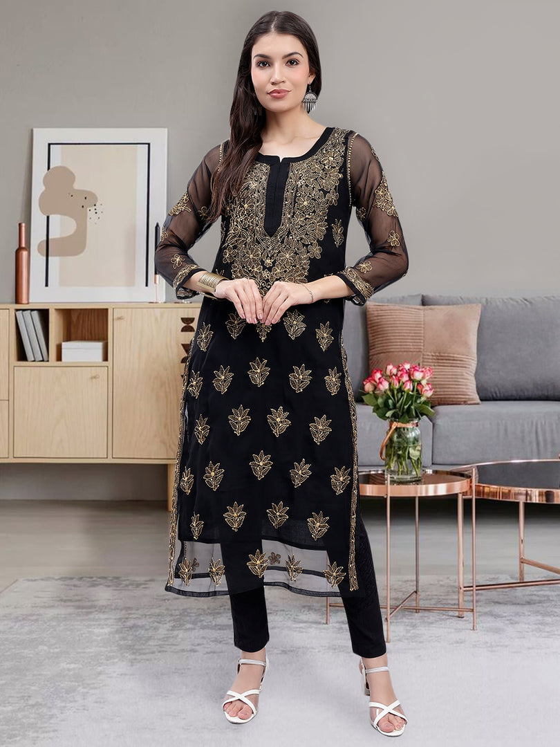Seva Chikan Hand Embroidered Georgette Lucknowi Chikankari Kurta With Slip