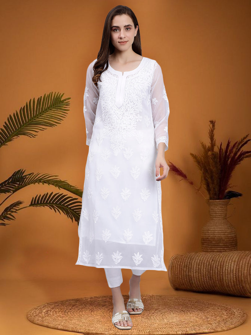 Seva Chikan Hand Embroidered Georgette Lucknowi Chikankari Kurta With Slip