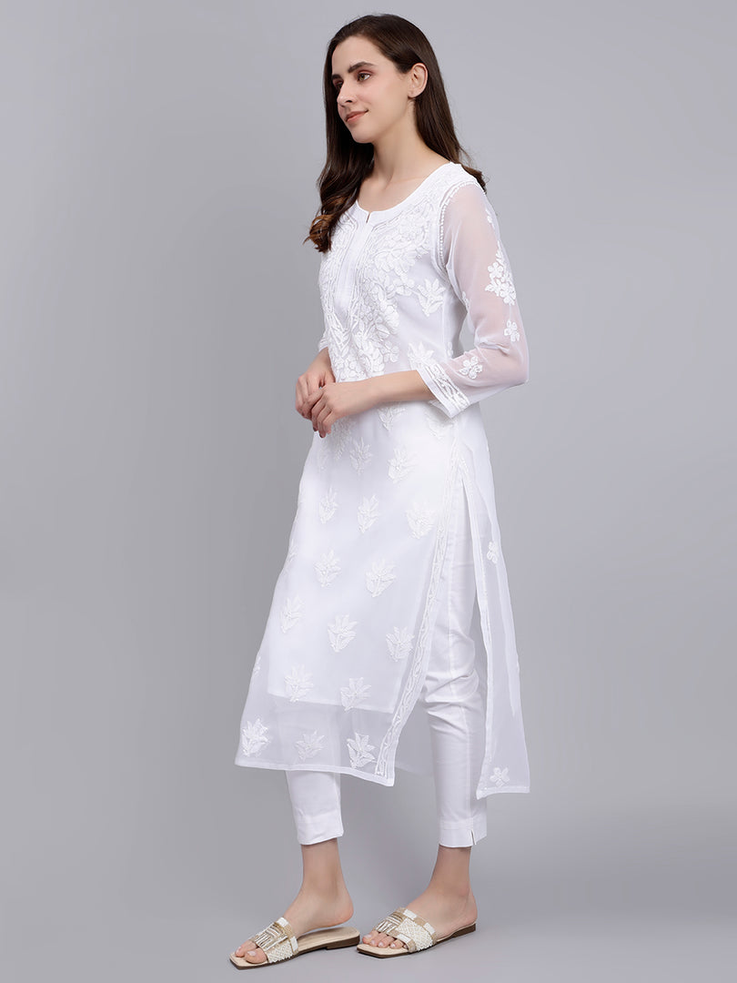 Seva Chikan Hand Embroidered Georgette Lucknowi Chikankari Kurta With Slip