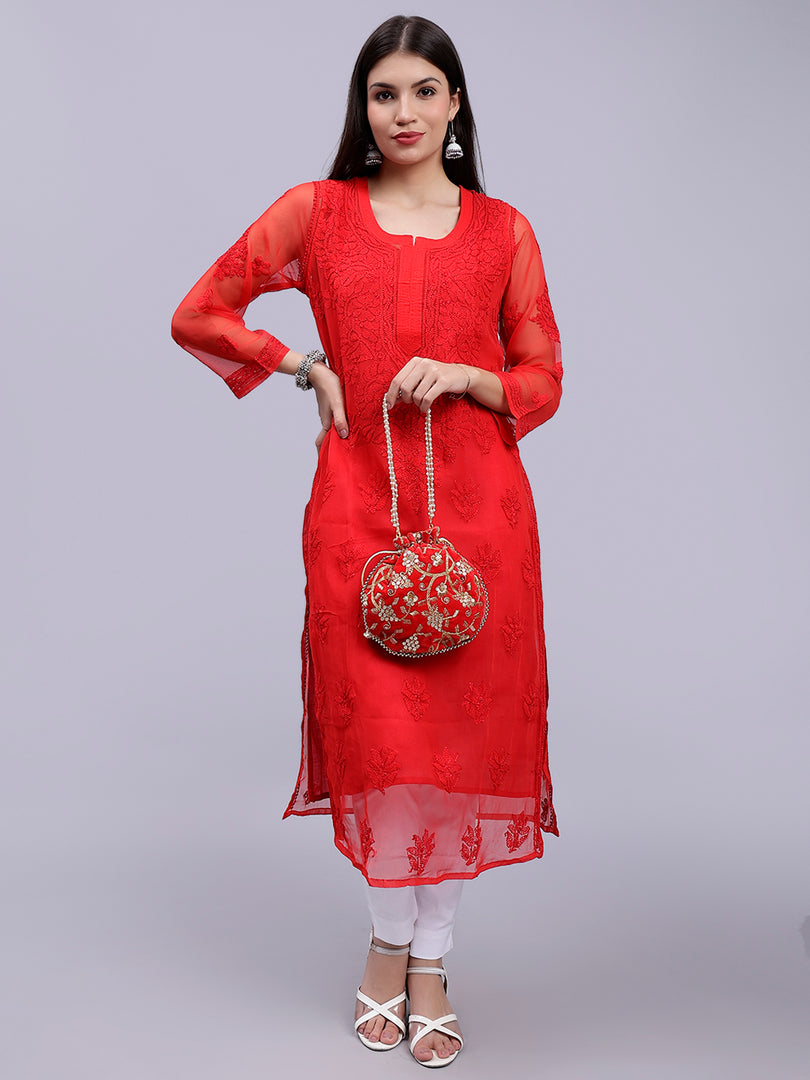 Seva Chikan Hand Embroidered Georgette Lucknowi Chikankari Kurta With Slip