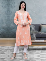 Load image into Gallery viewer, Seva Chikan Hand Embroidered Peach Rayon Lucknowi Chikankari Kurta-SCL4484