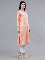 Load image into Gallery viewer, Seva Chikan Hand Embroidered Peach Rayon Lucknowi Chikankari Kurta-SCL4484
