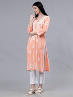 Load image into Gallery viewer, Seva Chikan Hand Embroidered Peach Rayon Lucknowi Chikankari Kurta-SCL4484