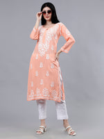 Load image into Gallery viewer, Seva Chikan Hand Embroidered Peach Rayon Lucknowi Chikankari Kurta-SCL4484