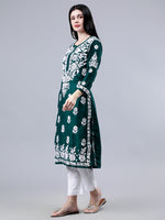 Load image into Gallery viewer, Seva Chikan Hand Embroidered Dark Green Muslin Lucknowi Chikankari Kurta-SCL4514