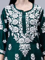 Load image into Gallery viewer, Seva Chikan Hand Embroidered Dark Green Muslin Lucknowi Chikankari Kurta-SCL4514