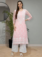 Load image into Gallery viewer, Seva Chikan Hand Embroidered Georgette Chikankari Kurta With Matching Slip